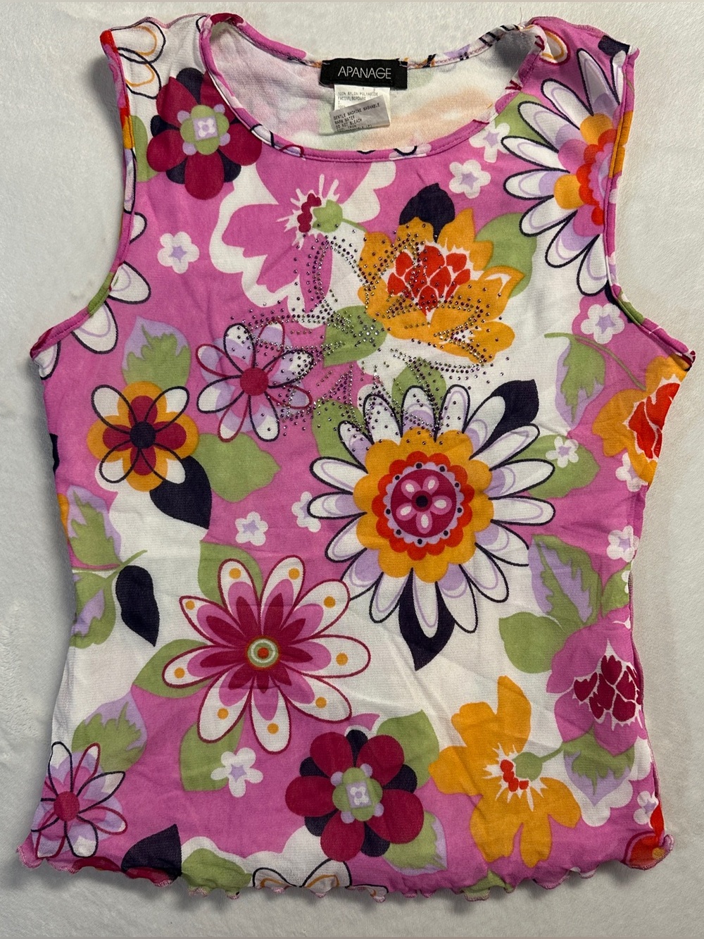 Y2K APANAGE women's mesh pink colourful floral rhinestone top, M.